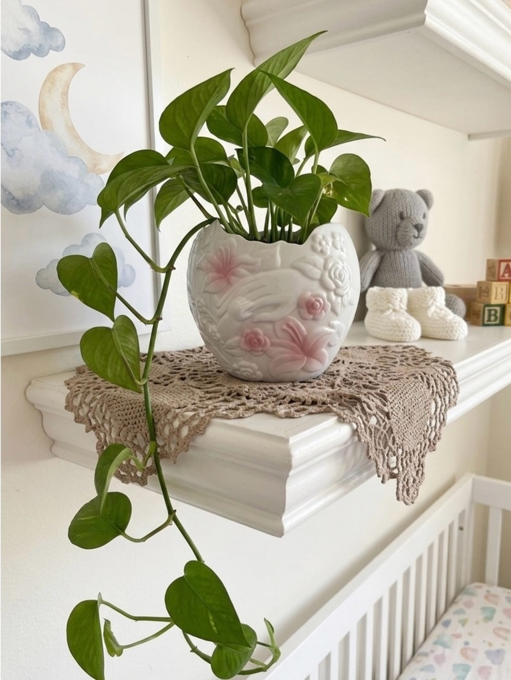 Vintage raised floral hands White and Pink  planter/ nursery decor